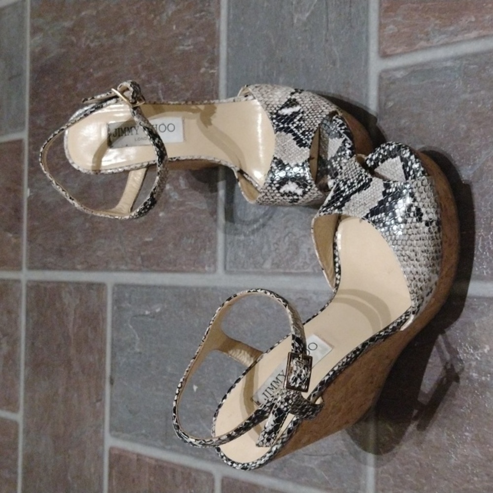 Jimmy Choo Calf snake print cork wedge platform sandals wedge size 7